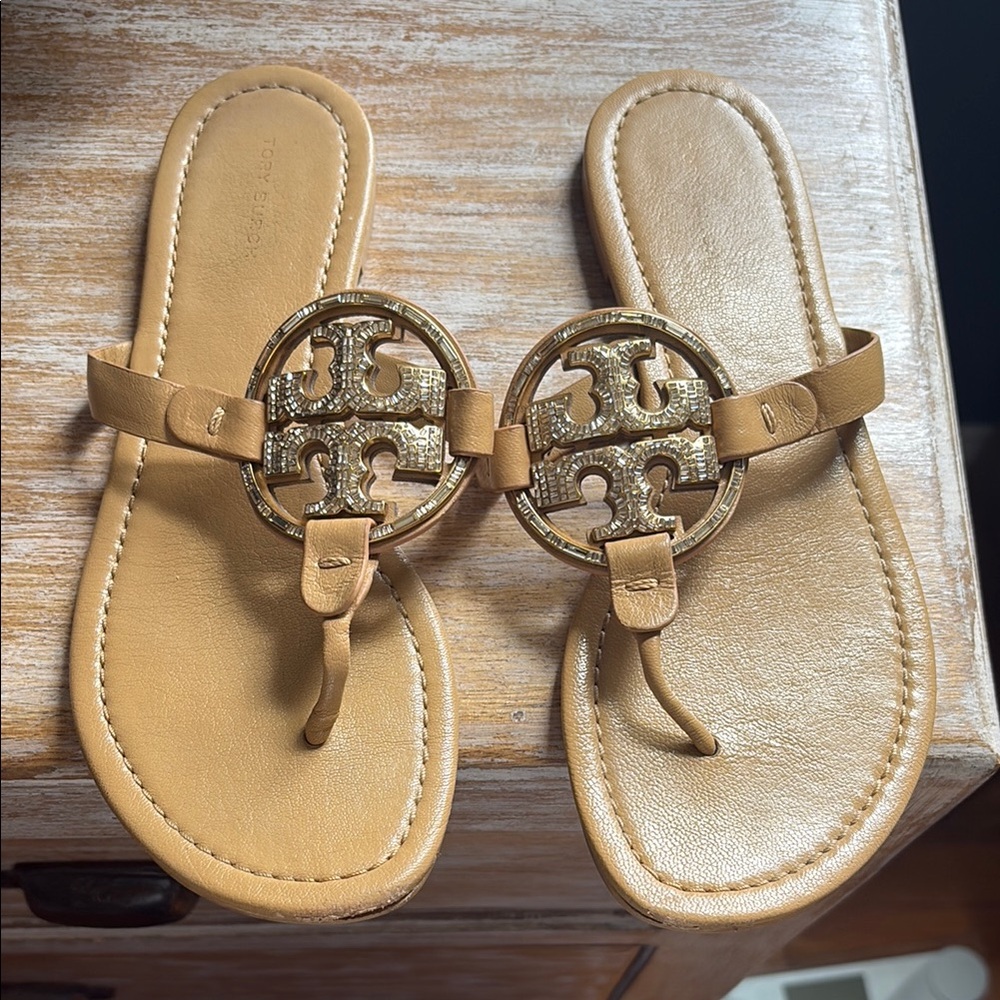 Tory Burch Camel Sandals with Gold Emblem